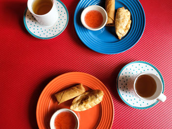 Overhead flat lay food and drink in thai restaurant.