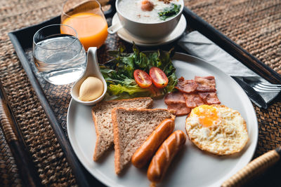 High angle view of breakfast served on table