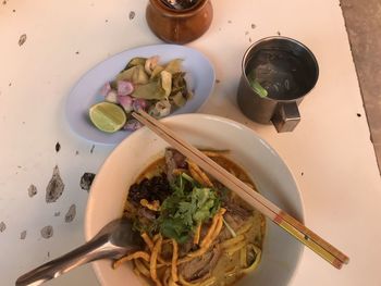 High angle view of food in plate on table