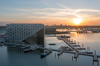 Aerial from the sluishuis in ijburg amsterdam the netherlands at sunset