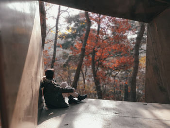 Woman sitting by trees during autumn