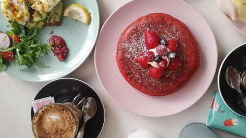 High angle view of breakfast served on table