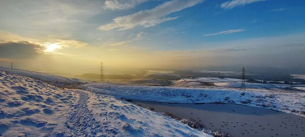 Snow covered landscape against sky during sunset next to frozen lake