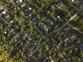 High angle view of trees and buildings in city. these are urban cabins in helsinki, finland