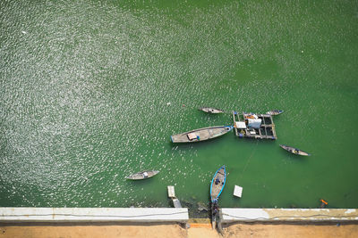 High angle view of boats moored in sea