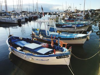 Sailboats moored on harbor against sky