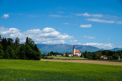 Scenic view of grassy field against cloudy sky