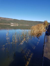 Scenic view of lake against clear blue sky