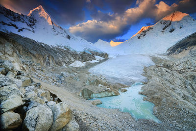 Scenic view of glacier and snowcapped mountains 