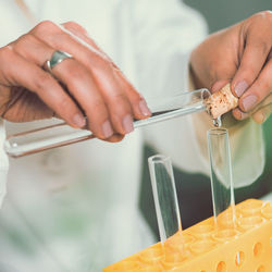 Midsection of female scientist experimenting in laboratory