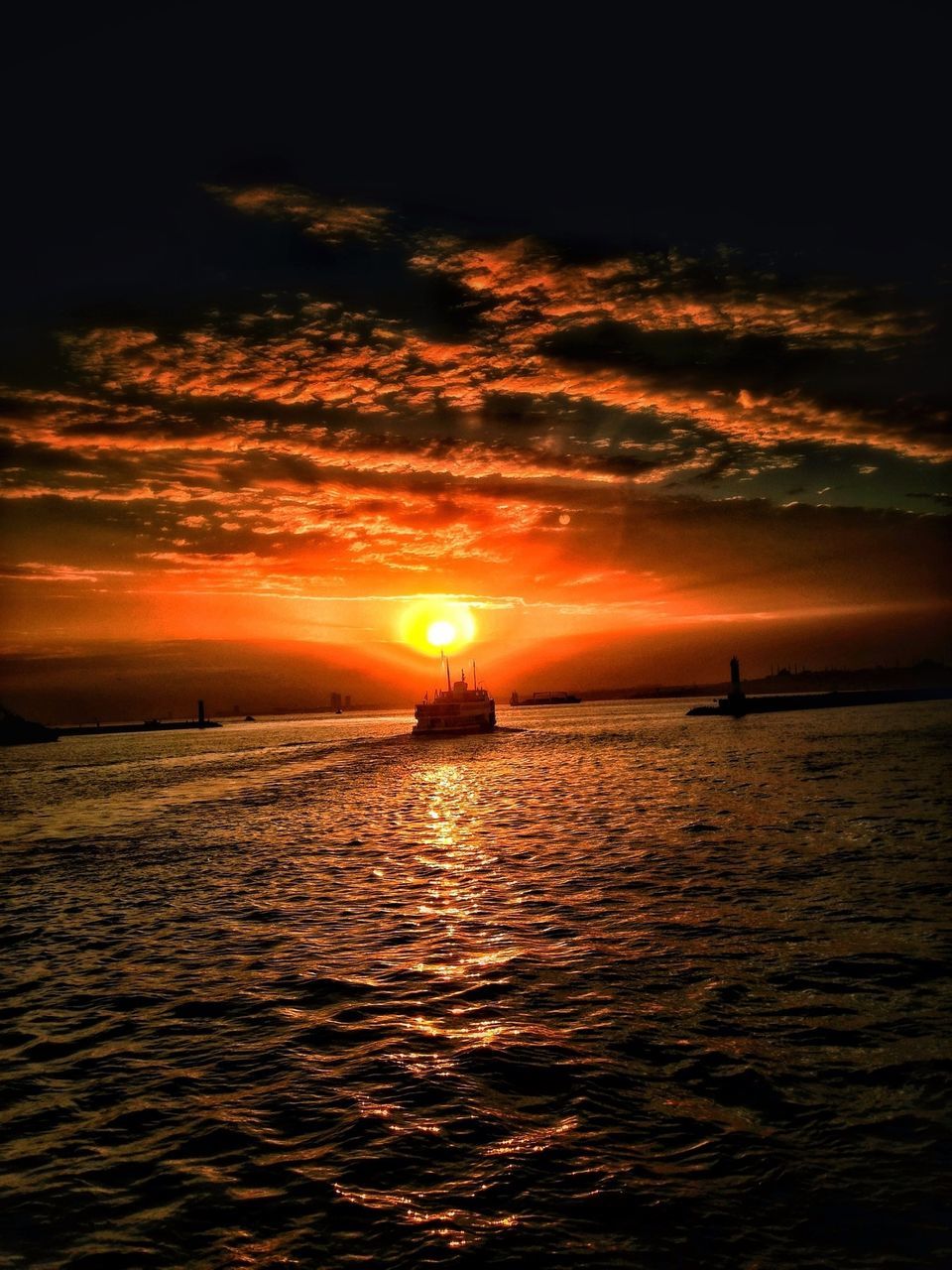 sunset, sea, water, sky, scenics, orange color, horizon over water, waterfront, tranquil scene, beauty in nature, tranquility, nautical vessel, transportation, idyllic, cloud - sky, boat, nature, rippled, silhouette, sun