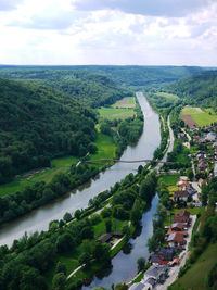 Scenic view of river amidst trees against sky