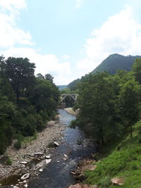 Scenic view of waterfall amidst trees against sky