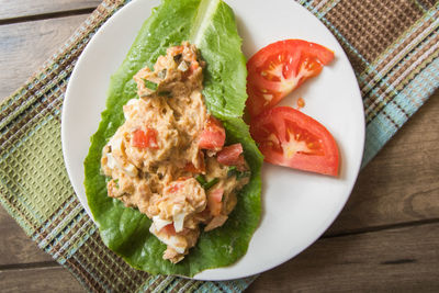 High angle view of salad in plate on table