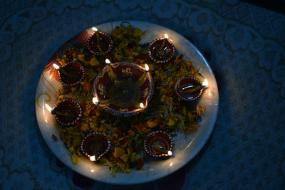 High angle view of food served in plate