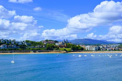 Scenic view of sea and buildings against sky