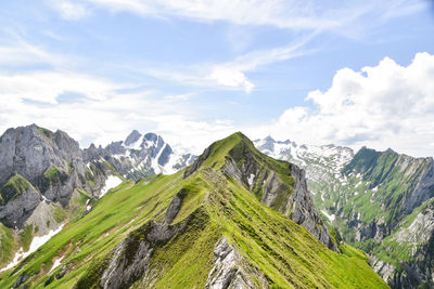 Panoramic view of green landscape against sky