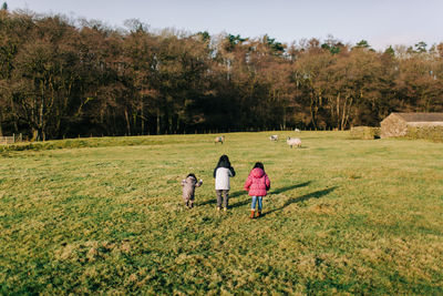 Rear view of friends walking on field