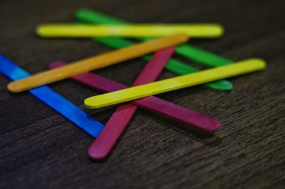 High angle view of multi colored pencils on table