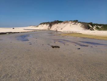 Scenic view of beach against clear blue sky