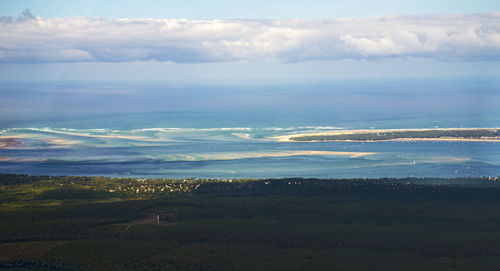 Aerial view of landscape and sea against sky