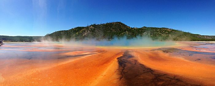 Scenic view of grand prismatic spring against clear sky