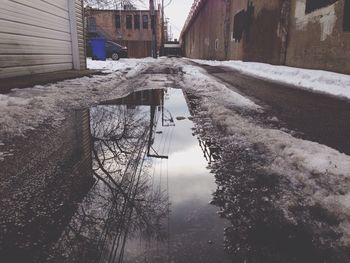 Reflection of buildings in puddle