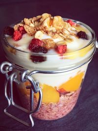 Close-up of breakfast served on table
