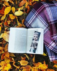 Close-up of open book in autumn