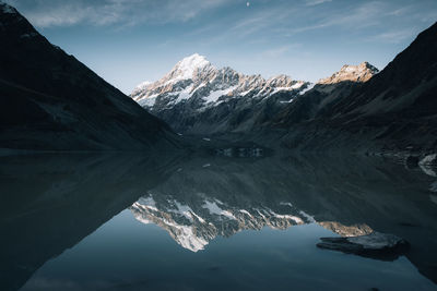 Scenic view of lake against snowcapped mountains