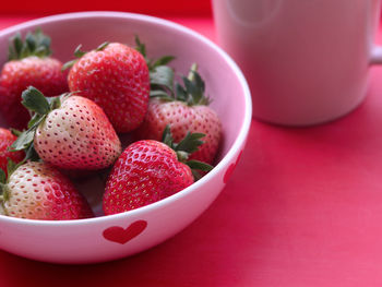 High angle view of strawberries in bowl on table