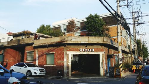 Exterior of buildings in town against sky