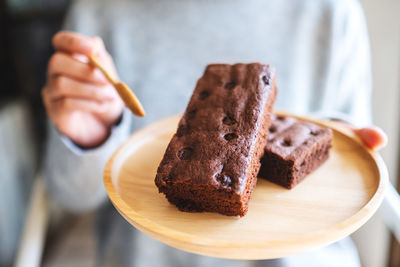 Midsection of person holding dessert in plate