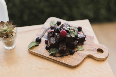 Close-up of dessert served on table