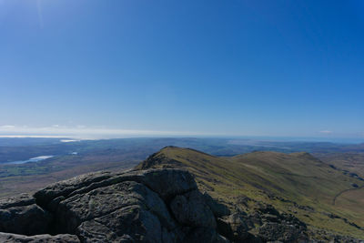 Scenic view of rocky shore and sea against sky