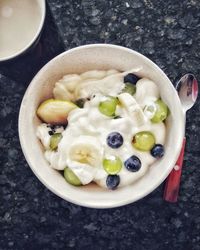 High angle view of breakfast served on table