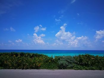 Scenic view of sea against blue sky