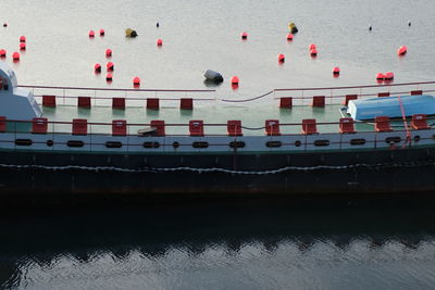 High angle view of boats moored in lake