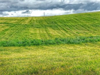 Scenic view of grassy field against cloudy sky