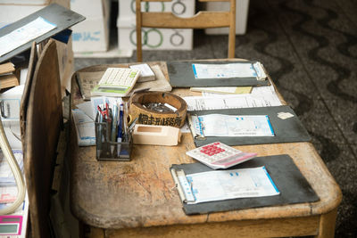 High angle view of documents on table