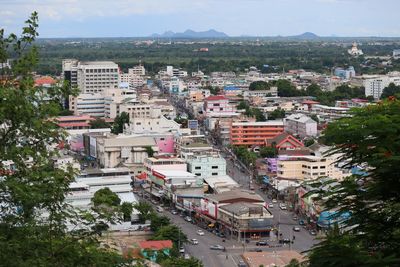 High angle view of street and buildings in city