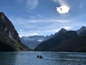 Scenic view of lake and mountains against sky