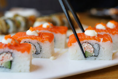 Close-up of sushi served in plate