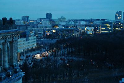 High angle view of city during sunset