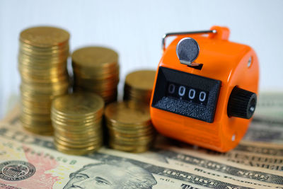 Close-up of coins on table