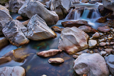 High angle view of rocks in river