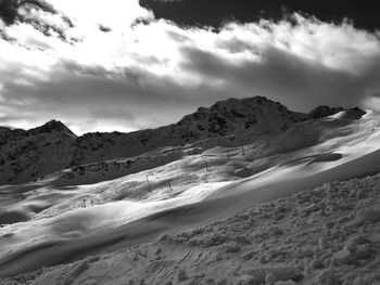 Scenic view of mountains against cloudy sky