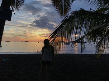 Rear view of man on beach against sky during sunset