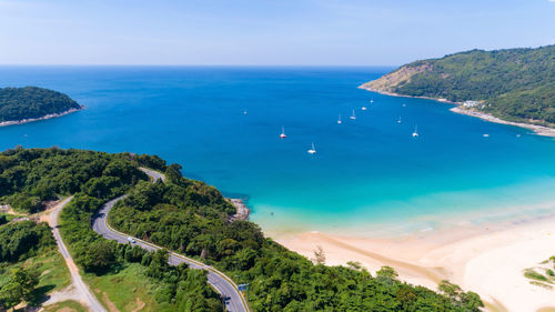 High angle view of bay against clear sky