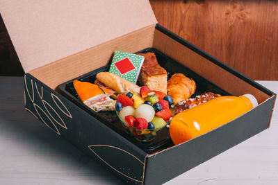 High angle view of fruits in box on table